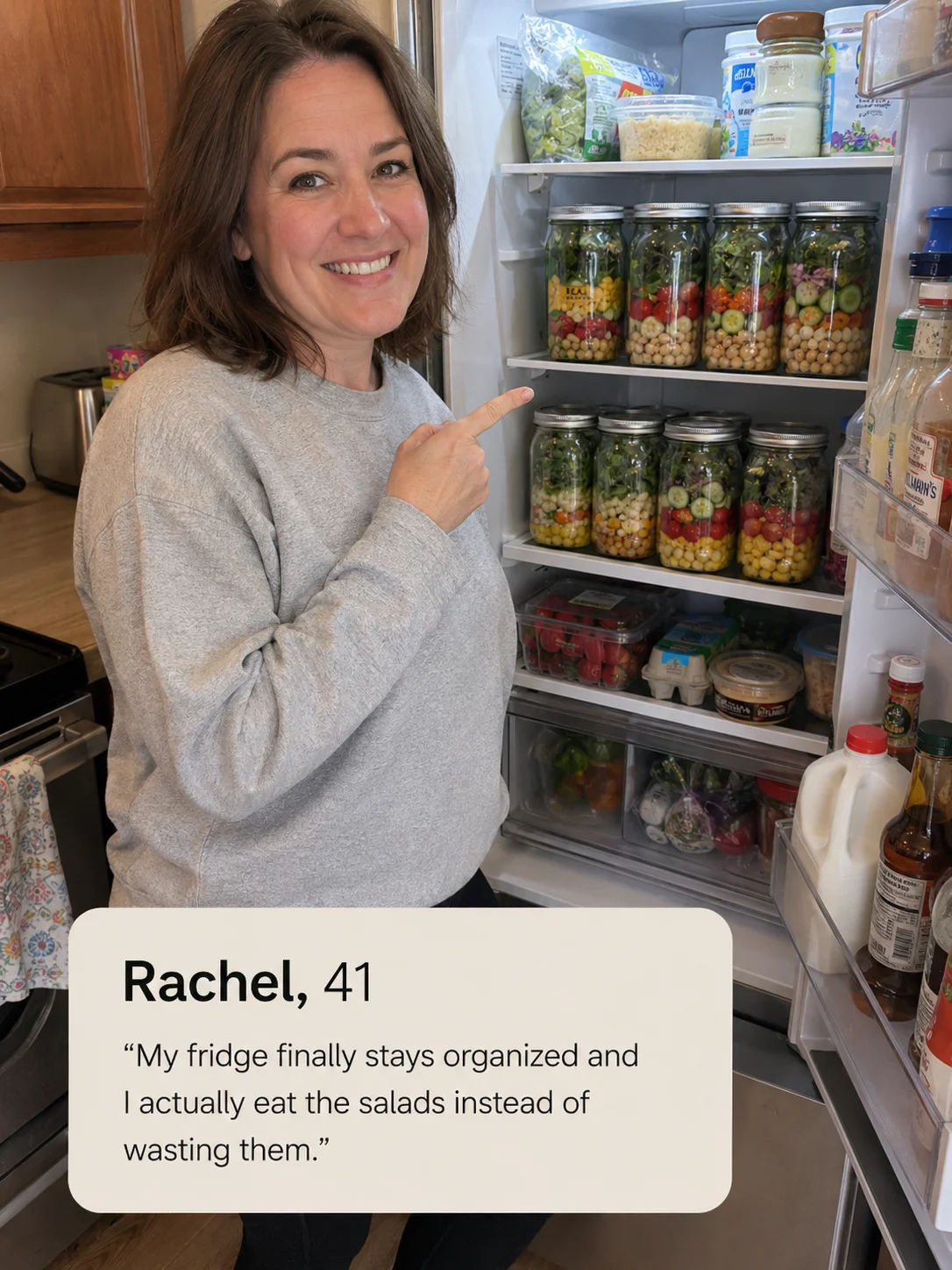 Charlotte, 41 — My fridge is finally organised and I actually eat the salads instead of throwing them away